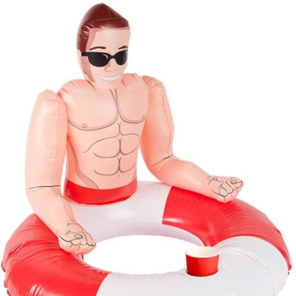 NIP! Inflatable Hunky Lifeguard Swim Ring w/ Cup Holder-Red/White-35" D - Picture 1 of 5